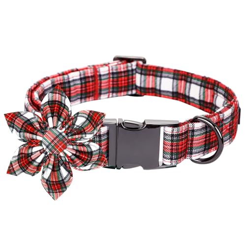 Christmas Dog Collar, Red Plaid Dog Collars with Flower Adjustable Pet Collar Premium Metal Buckle, Christmas Puppy Necklace for X-Small Girl and Boy Dogs - color: B: Christmas Plaid, size: X-Small (Pack of 1)
