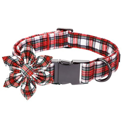 Christmas Dog Collar, Red Plaid Dog Collars with Flower Adjustable Pet Collar Premium Metal Buckle, Christmas Puppy Necklace for X-Small Girl and Boy Dogs - color: B: Christmas Plaid, size: X-Small (Pack of 1)