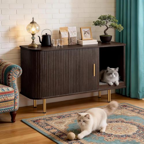 Cat Litter Box Enclosure with Scratch Pad, Sliding Door, 38.5" Cat Litter Furniture Hidden Litter Box Cabinet, Modern Indoor Cat House, TV Stand, Side End Table for Living Room (Dark Walnut) - color: Dark Walnut