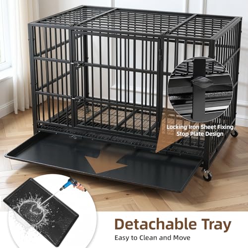 VOWNER 42 inch Heavy Duty Indestructible Dog Crate, Escape-Proof Dog Crate Cage Kennel with 4 Lockable Wheels, High Anxiety Dog Crate with Double Door and Removable Tray Design, for Large Dogs - size: 42.1"L x 27.6"W x 31.3"H