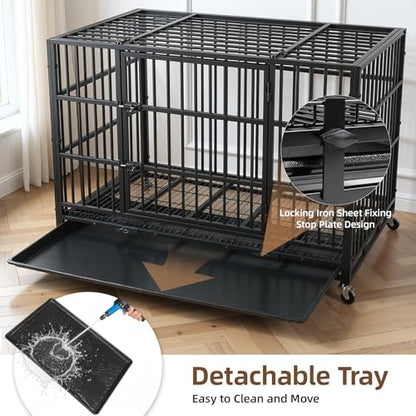 VOWNER 42 inch Heavy Duty Indestructible Dog Crate, Escape-Proof Dog Crate Cage Kennel with 4 Lockable Wheels, High Anxiety Dog Crate with Double Door and Removable Tray Design, for Large Dogs - size: 42.1"L x 27.6"W x 31.3"H