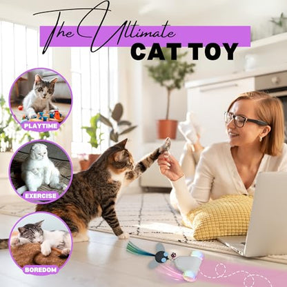Rolling Rover – Interactive Cat Toy with RGB Wheels, Automatic Moving Mouse-Shaped Design, Feather Butterfly and Bell Attachments, Smart Motion Activated for Indoor Cats & Kittens (Pink) - color: Pink