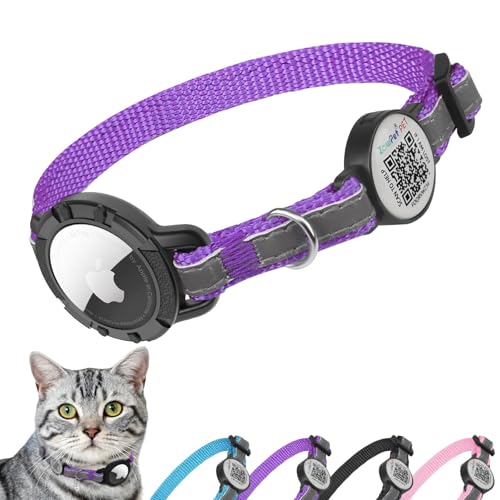 Airtag Cat Collar Breakaway with QR Code Name Tag, Reflective cat Collar airtag Holder with Bell, Cat ID Tag Personalized, Ultra-Durable, Adjustable, Quick Release, Fits Small Large Cats, Purple - color: Purple