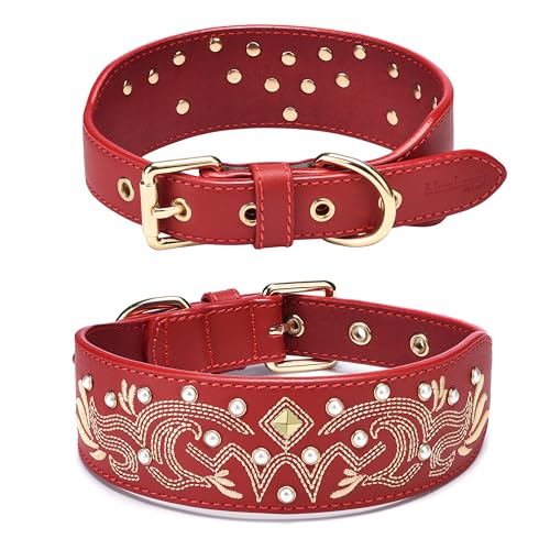 Blueberry Pet Western Leather Dog Collar - Genuine Leather with Floral Embroidery & Pearl Studs Adjustable 15-18 Inch Neck for Medium Dogs, Comfortable and Stylish Pet Collar - color: Frontier Red, size: Medium