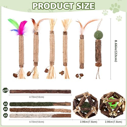 WOUSEDO Catnip Chew Toys for Cats, 24 Pack Cat Toys with Silvervine Sticks, Natural Silvervine Stick Cage Balls & Bell Balls for Indoor Cats - size: 24 Pack