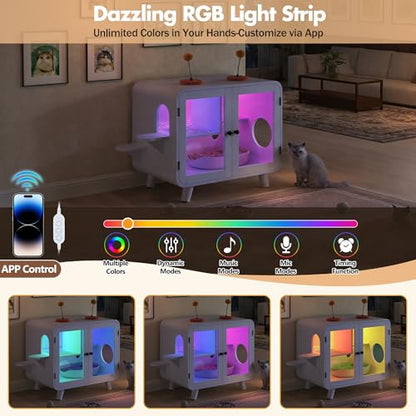 Merax Cat Hidden Litter Box Enclosure with RGB LED Light – Retro TV-Style Cat House Cabinet with Stairs, Pom-Pom Toys, Litter Leak Walkway & Glass Doors for Living Room,Cream - color: Cream