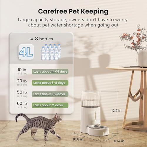 CZPET Automatic 4L/135Oz/1Gal Cat Water Dispenser with Stainless Steel Bowl, Gravity Waterer for Small Medium Dog Puppy Kitten (White) - color: White