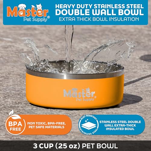 Master Pet Supply Stainless Steel Dog Bowls - 25 oz, Heavy Duty - Mango Tango, Double Wall Extra-Thick Insulated, Non-Slip Pet Water Bowl for Dogs, Cats & Pets, Anti Rust Metal, Dish Washer Safe - color: Mango Tango, size: 3 Cups (25 oz)