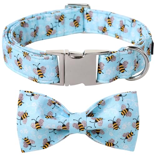 Maca Bates Blue Bee Dog Collar with Bow Bowtie for Dogs Bow Tie Adjustable Breakaway Blue Collars Accessories Birthday Gift for Small Medium Large XL Puppy with Golden Metal Buckle - color: Summer-Bow Tie-Bee, size: XS