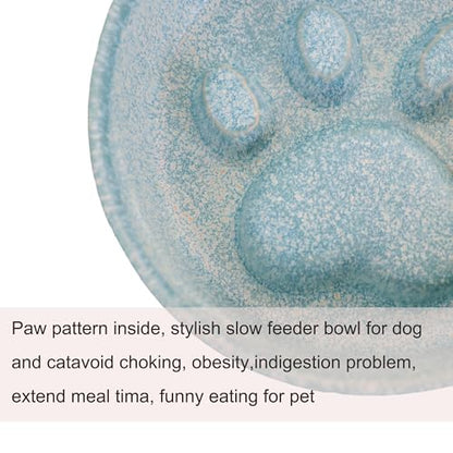 Ceramic Slow Feeder Bowl, 6.69 x 5.7 inches, Elevated Design with Paw Pattern, for Cats and Small Dogs (Blue) - color: Blue