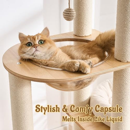 Modern Solid Wood Cat Tree for Indoor Cats Up to 15lbs, 60" Tall & Wide Cat Tower with Scratching Posts, Scratcher & Self-Grooming, Large Cat Beds, Capsule Nest, Multi-Level Cat Furniture - color: 60"Natural