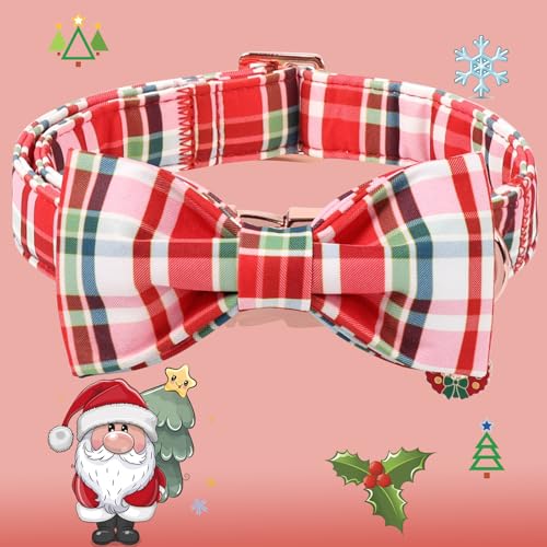 DOGWONG Christmas Dog Collar with Bow Tie - Christmas Red Plaid Puppy Collar, Adjustable Red Checkered Dog Collars for Girl Boy Dogs, S - color: A- red plaid, size: S