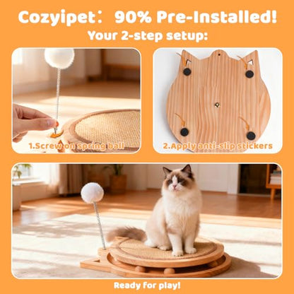 Sisal Cat Scratcher with Ball Track and Spring Toy 3 in 1 Wooden Interactive Cat Toys Cat Scratchers for Indoor Cats and Kitty - style: Single-layer