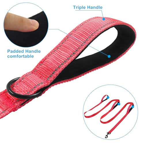 Jiozermi 10ft Dog Leash with 3 Handles, Heavy Duty Dog Lead with Padded Traffic Handle, Reflective Stitching Large Leash for Running Walking Training(Red) - color: Red