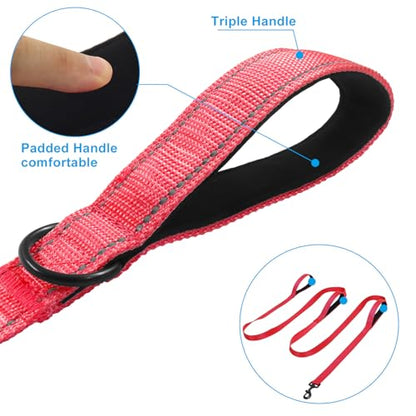 Jiozermi 10ft Dog Leash with 3 Handles, Heavy Duty Dog Lead with Padded Traffic Handle, Reflective Stitching Large Leash for Running Walking Training(Red) - color: Red