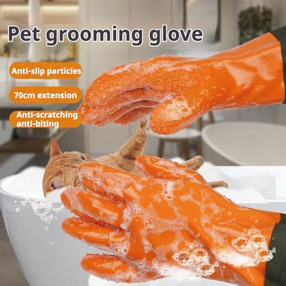 YOFANG 27.2" Pet Grooming Bathing Gloves,Extra Long Waterproof Rubber Washing Gloves for Dogs & Cats,Anti-Bite Anti-Scratch Hair Removal Cat Bath Gloves with 3000+ Massage Particles,Orange/Green - color: Orange and Green