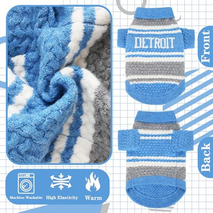 Detroit Small Dog Sweater Football Theme Turtleneck Knit Dog Sweaters for Small Pets Warm Winter Cat Dog Clothes - color: Skyblue&gray, size: Small