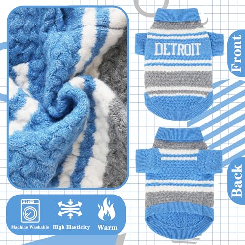 Detroit Small Dog Sweater Football Theme Turtleneck Knit Dog Sweaters for Small Pets Warm Winter Cat Dog Clothes - color: Skyblue&gray, size: Large