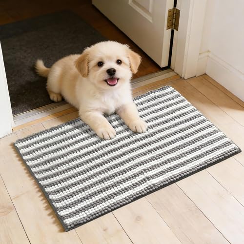 Dog Door Mat for Muddy Paws - Absorbent Quick-Dry Non-Slip Washable Chenille Pet Rug, Indoor Entryway Mat for Front Door & Crate (Gray, 24" L*16" W) - color: Gray, size: 24"L*16"W