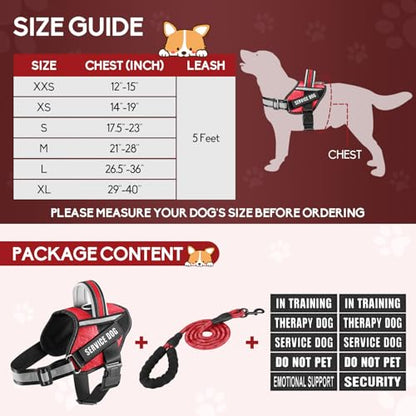 Service Dog Vest Harness and Leash Set, Animire in Training Dog Harness with 10 Dog Patches, Reflective Dog Leash with Soft Padded Handle for Small, Medium, Large, and Extra-Large Dogs (RED,S) - color: Red, size: S