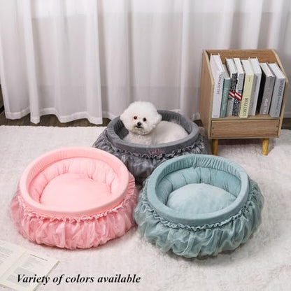 Soft Plush Princess Pet Bed with Bow-Tie & Lace - Round Cushion Sofa for Small Dogs, Kittens & Puppies(Gray,18.9''X4.72''X18.9'') - color: Gray, size: 18.9''X4.72''X18.9''