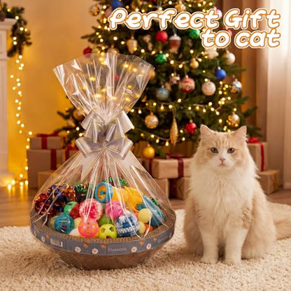 Zopeal 64 Pcs Easter Cat Toy Gift Set Magic Cat Scratcher Board Ball Launcher Gun Crinkle and Yarn and Plastic Bell Ball Kitten Toy with Bow for Pet Interactive Engaging Gift(Bowl Shape) - style: Bowl Shape