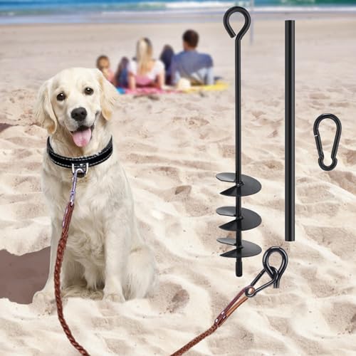 Beach Dog Tie Out Stake for Dogs Up to 250 lbs - Heavy Duty Dog Camping Yard Park Essentials Accessories for All Cable Leash Chain