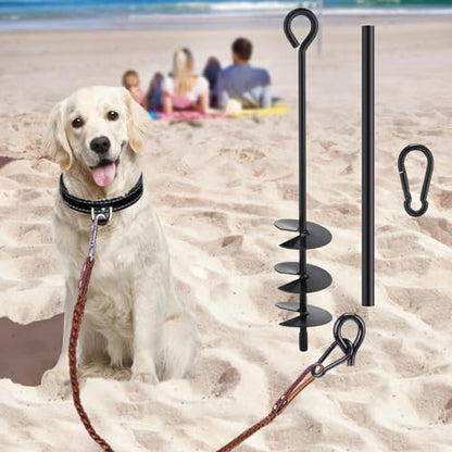 Beach Dog Tie Out Stake for Dogs Up to 250 lbs - Heavy Duty Dog Camping Yard Park Essentials Accessories for All Cable Leash Chain