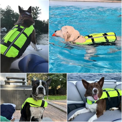 Neon Green Dog Life Jacket for Large Breed with Rescue Handle, High Visibility & Adjustable Pet Life Vest, Safety Buoyancy Vest for Swimming, Boating, Kayaking & Water Sports, L - size: Large
