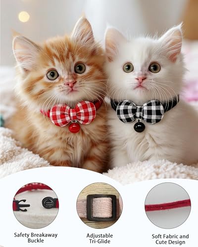 2 Pack Soft Breakaway Safety Cat Collar，Kitten Collar with Bell and Bow Tie,Adjustable Breakaway Cotton Collar for Kitty and Puppy (Plaid-Red Black) - color: Plaid-Red Black
