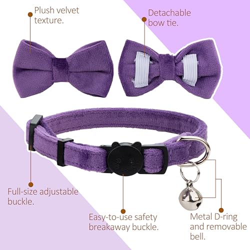 Cat Collar with Bow Tie 2pcs Set Bell Boy Girl Kitten Safety Plaid Grid Checkered Solid Color Suede Velvet Cute Soft Fluffy Gift B-[2pcs] Purple - color: Style B-[2pcs] Purple
