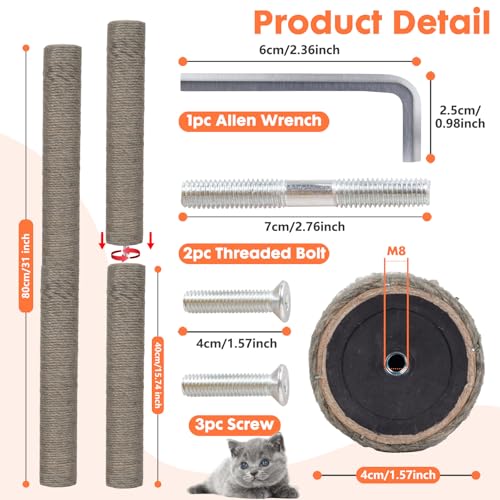 PowerKing Natural Sisal Replacement Scratching Post, 15.7'' 2 Pieces M8 Cat Scratch Post Refill Pole Parts for Refurbishment, Include Screws (Grey) - color: Grey, size: 15.7''+15.7'' (2.67''Thick)