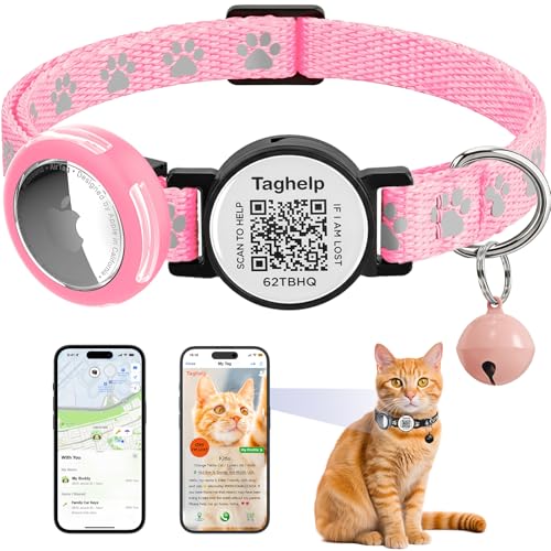 Waterproof Breakaway Cat Collar with Paw Prints - Secure Apple AirTag Holder, Smart QR Code Tag for Instant Location Alerts (No App), Adjustable GPS Tracker Collar for Cats (Pink) - color: Paw Prints - Pink