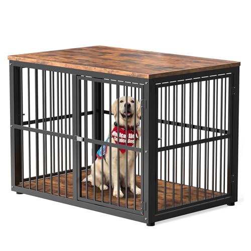 Lyromix 43'' Dog Crate Furniture with 3 Doors, XL Wooden Crate End Table Heavy Duty Indoor Puppy Cage for Medium to Large Dogs, Multiple Units Can be Combined - color: Brown, size: 43.3"L x 29.9"W x 33.1"H