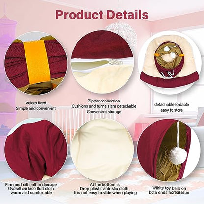 BWOGUE Bunny Tunnel Bed, 2-in-1 Collapsible Tunnel Tubes Toys with Removable Mat Hideout for Cats Kittens Rabbits Guinea Pigs Kitty - color: Red