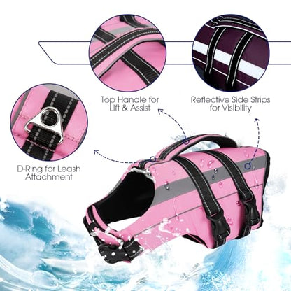 FUAMEY Dog Life Jacket Reflective, Dogs Life Vest with D-Rings & Handle, Adjustable Dog Lifejacket, Dogs Life Preserver Swimming Boating, Pink, L - color: Hot Pink, size: Large