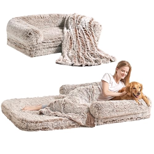 EHEYCIGA Foldable Human Dog Bed, 72"x44"x11" Orthopedic Memory Foam Human Sized Dog Bed, Waterproof Pet Bed for People, Faux Fur Pet Couch for Adult with Non-Slip Bottom, Faded Brown - color: Faded Brown, size: 72x44x11(Folded 44x36)