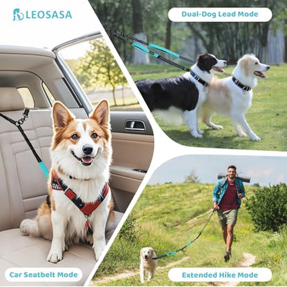 Double Dog Leash - No Tangle Splitter for Two Dogs, Coupler with Adjustable Long Lead Rope, Dual Control Handles, Retractable No Pull Bungee, Walk Train Small Medium Large 2 Pets (Blue) - color: Blue