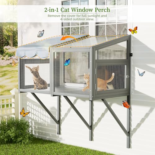YZU Cat Window Box, Catio Outdoor Cat Enclosure with Sunpanel for Sunbathing, Napping & Overlooking, Wooden Window Perch House Hammock with Waterproof Roof for All-Weather Use
