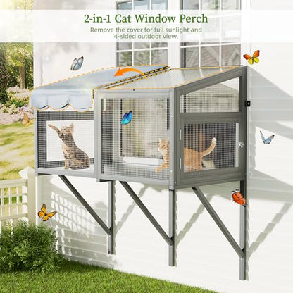 YZU Cat Window Box, Catio Outdoor Cat Enclosure with Sunpanel for Sunbathing, Napping & Overlooking, Wooden Window Perch House Hammock with Waterproof Roof for All-Weather Use