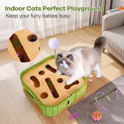 Cat Puzzle Box Toy for Indoor Cats Boredom Relief Interactive Wooden Cat Enrichment Maze with Jingle Balls, Feather Wands & Spiral Springs, Slow Feeder Treat Dispenser for Kittens & Adult Cats - size: Medium