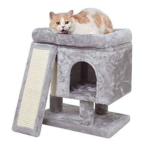 SYANDLVY Small Cat Tree for Indoor Cats, Cat Tower with Scratching Post, Modern Activity House for Large Cats, Condo with Board, Kittens Cave (Light Grey) - color: Light Grey