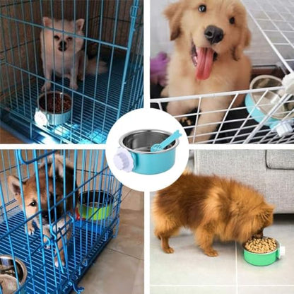 Hamiledyi 2-Pack Hanging Dog Bowls with Removable Stainless Steel Feeder - Spill-Proof Crate Bowls for Kennel/Cage, Puppy to Medium Dogs, Cats, Rabbits & Guinea Pigs (Durable Pet Food & Water Dishes) - color: A：Blue+Green