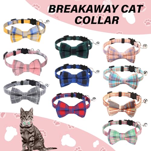 10 Pcs Cat Collar Breakaway with Bow Tie and Bell Kitten Collars Removable Bowtie Plaid Cat Collar for Cats Kittens Puppy (Classic) - color: Classic