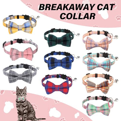 10 Pcs Cat Collar Breakaway with Bow Tie and Bell Kitten Collars Removable Bowtie Plaid Cat Collar for Cats Kittens Puppy (Classic) - color: Classic