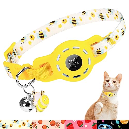 BINGPET AirTag Cat Collar with Bells, Upgraded Safety Elastic Cat Collar with Airtag Cat Collar Holder, Anti-Lost Cat Collars for Girl Boy Cats, Anti-Suffocation Kitty Puppy Collars - color: Bee