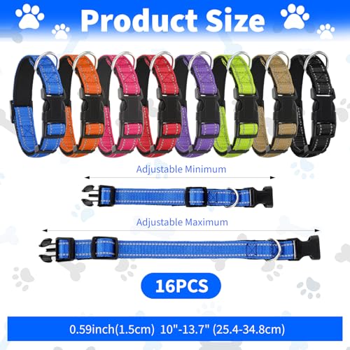 16 Pcs Reflective Puppy Dog Collars Bulk for Litter Dogs, Adjustable Safety Nylon Dog Collar with Locking Buckle, Soft Padded Breathable Puppy Collars for Cats Pets (Small)