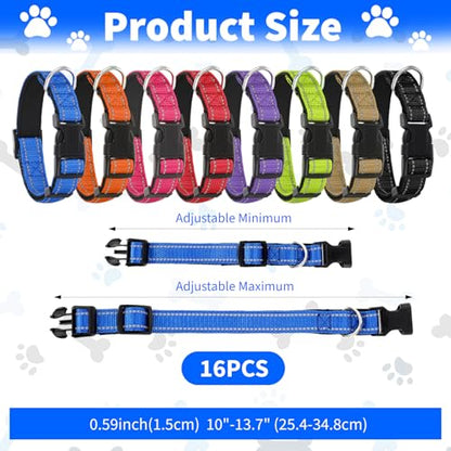 16 Pcs Reflective Puppy Dog Collars Bulk for Litter Dogs, Adjustable Safety Nylon Dog Collar with Locking Buckle, Soft Padded Breathable Puppy Collars for Cats Pets (Small)