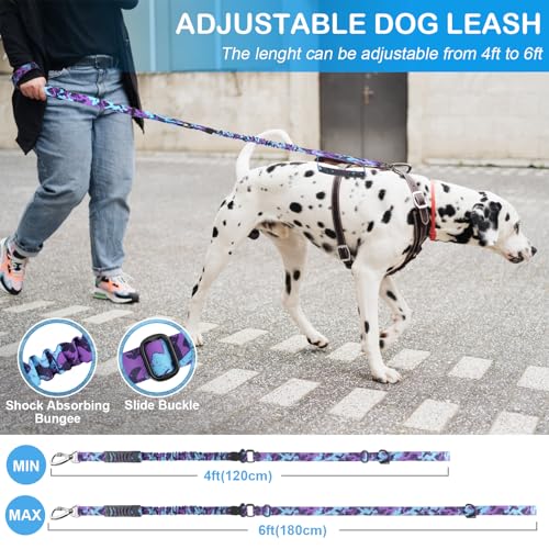 2 Pack Heavy Duty Dog Leash for Medium Large Dogs that Pull,4-6FT Shock Absorbing Bungee Tactical Dog Leash with 2 Padded Handle Car Seatbelt,Reflective Walking Training Lead,Purple Camo - color: 2-Pack Purple Camo