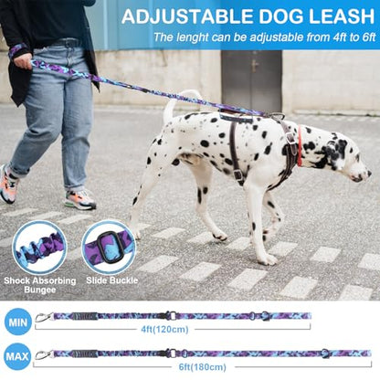 2 Pack Heavy Duty Dog Leash for Medium Large Dogs that Pull,4-6FT Shock Absorbing Bungee Tactical Dog Leash with 2 Padded Handle Car Seatbelt,Reflective Walking Training Lead,Purple Camo - color: 2-Pack Purple Camo